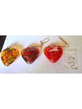 Set of 3 Handblown Glass Heart Ornaments with Hooks Multicolor Red Swirl Orange